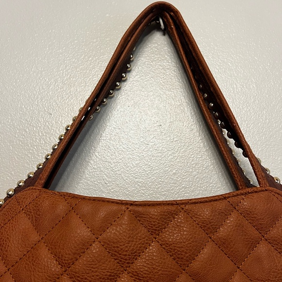 Big Buddha Large Quilted Tan Shoulder Bag Gold Beads Striped Interior Lining - Picture 4 of 7